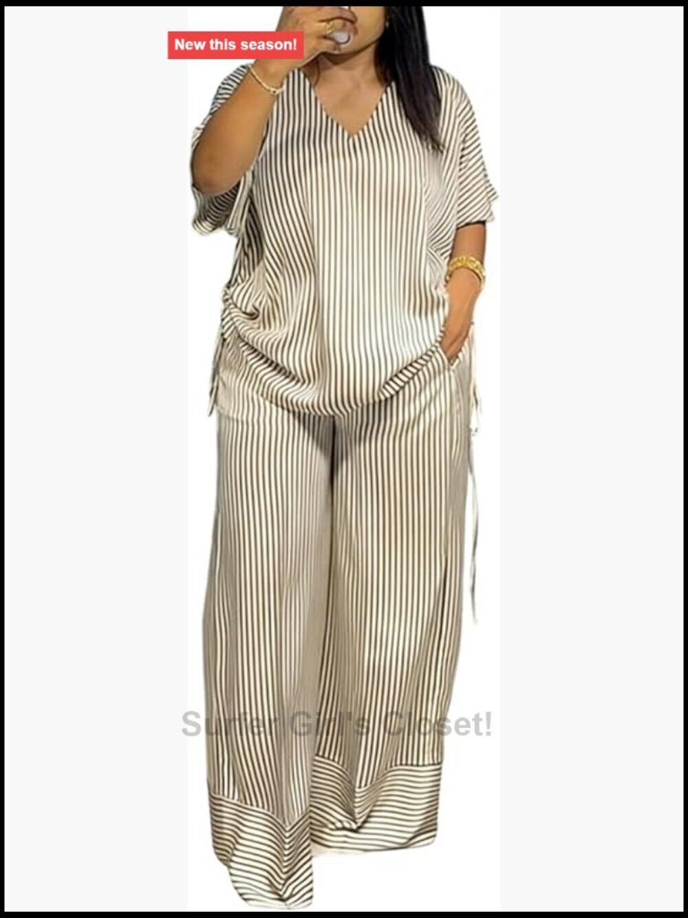 Striped Lounge Set V Neck Short Sleeve Top Wide Leg Pants